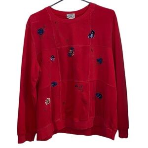 Vintage Koret City Blues Red Sweatshirt embroidered flowers cottagecore sweater